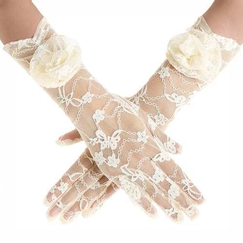 BABEYOND Spitze Handschuhe für Damen - Florale Opera Handschuhe Stretch Elegante Accessoires für Tee-Party, Hochzeit, Ball, Abendparty 1920er, Gatsby Stil Beige