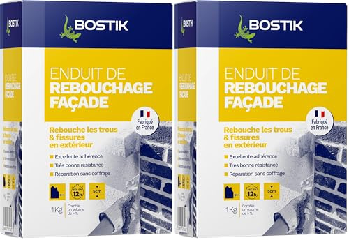 Bostik Enduit de Rebouchage Façade en Poudre – Intérieur/Extérieur – Tous Supports – Rebouchage et Égalisation de Trous et Fissures Jusqu’à 5 cm – Blanc – Boîte 1kg (Lot de 2)