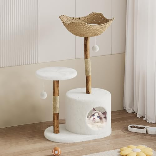 GarveeTech Rascador de Madera, rascador Natural de Madera Maciza con Cueva de 70 x 44 x 103,5 cm, Plataforma XXL para Dormir y Pelotas de Juego, Moderno Mueble para Gatos en diseño Bohemio para Gatos