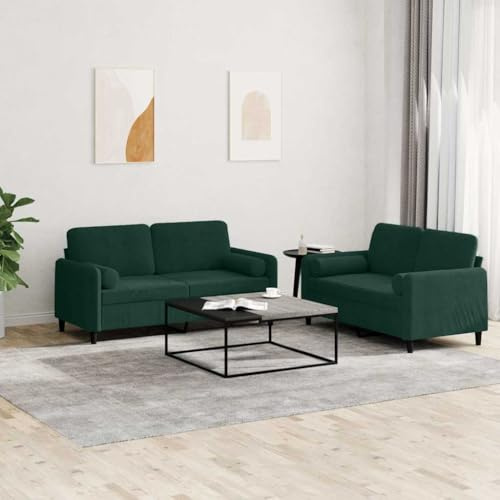 QUAHEAS 2-TLG. Sofagarnitur Dunkelgrün Samt, 120 cm & 140 cm 2-Sitzer Sofa Set mit Rollkissen, Robuster Metallrahmen, Bequeme Wohnzimmer Couch Möbel