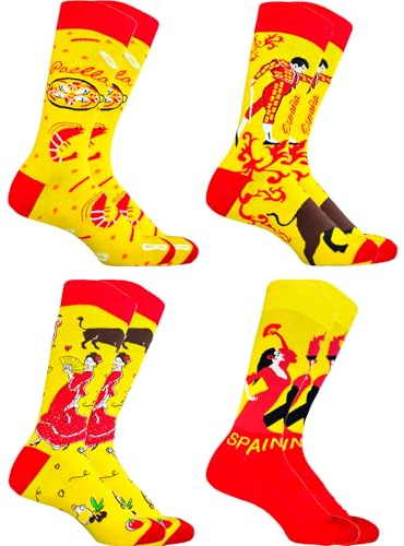 PS PROUTHS Calcetines España Hombre (4 Pares) Calcetines con Diseños Españoles Paella, Toros, Sevillana y Flamenco, 98% Algodón, Talla 40-46 (ESPAÑA X4(35/40))