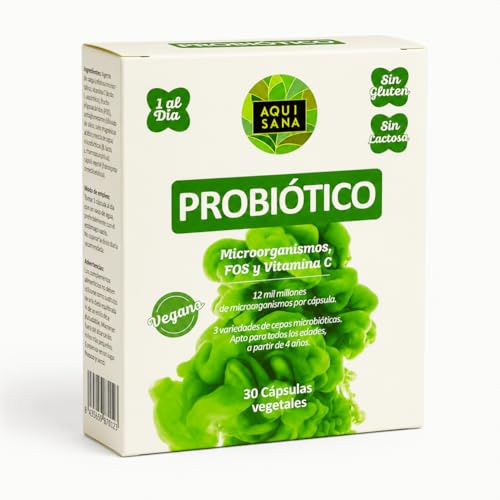 Probiótico con Lactobacillus Acidophilus, Bifidobacterium Lactis y Lactobacillus Plantarum | 12.000 Millones UFC | Con Prebióticos FOS y Vitamina C | 30 Cápsulas Vegetales | 1 al Día | AQUISANA