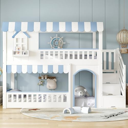 Jaxenor Etagenbett Kinder 90x200, Kinderbett mit Treppenaufbewahrungs-Schrank, Jugendbett mit Gearbeitete Fenster und Dekorative Details, Stockbett für Familien mit 2 Kindern, Weiß+Blau(Ohne Matratze)