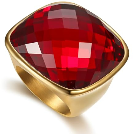 Chunky Square Cushion-Cut Crystal Glass Statement Ring, Gold-Tone Plated Stainless Steel Band, Oversized Geometric Cocktail Prom Jewellery for Women Men, 2.8cm Faceted Stone (Red, US10=T 1/2)