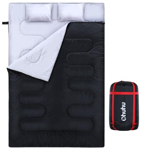 Ohuhu Dicker Doppelte Schlafsack Erwachsene Deckenschlafsack 3.5kg mit 220 x 150cm 2 Gratis Kissen und eine Tragetasche, Vier Doppel Zippern, angenehme Temperatur: -5 °C ~ 10 °C für Camping, Schwarz