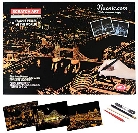 Nacnic Scratch-Art Blätter. DIY Kunsthandwerk für Erwachsene und Kinder. Kratzpapier mit bunten Hintergründen zum Zeichnen. London, Florenz und Paris. 40,5 x 28,5 cm, 3-Blatt Set.