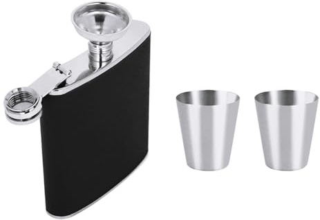 6 Oz Flasque à Whisky, 180ML Portable Flasque De Poche en Acier Inoxydable avec Entonnoir et 2 Verres à Liqueur Fiole à Alcool Flasques Whisky Fiole Alcool pour Voyage,Pêche,Camping et Escalade(Noir)