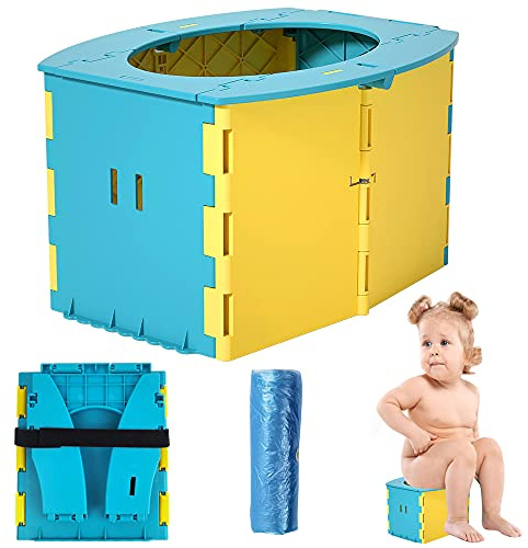 Toilette per Bambini Portatile，Vasino da viaggio per bambini Sedile WC pieghevole con 10 borse usa e getta，Allenamento vasino per Interni ed Esterni