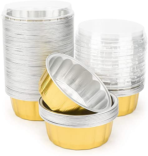 Ramequins jetables avec couvercles, 236,8 g, lot de 50 gobelets en aluminium doré jetables pour crème brûlée, muffins, cupcakes, cupcakes, pudding pour fête, mariage, anniversaire