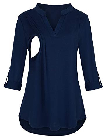 Mujer Top Camiseta Premamá Lactancia De Manga Larga Tops de Enfermería Camisas de Maternidad para Mujeres Ropa de Lactancia Materna (Azul Oscuro, M)