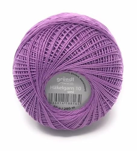 Gründl Häkelgarn 10 Brandneu, Filethäkelgarn, 100% Baumwolle (mercerisiert, gasiert, gekämmt), 50 Gramm Knäuel = 280 Meter LL, 20 tolle Farben, (13 flieder)