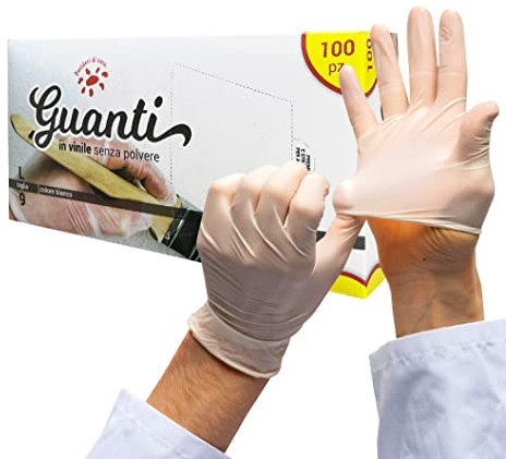 Confezione da 100 Guanti Monouso in Vinile Certificati CE - Senza Polvere e Lattice, Ipoallergenici Conformi Normative Iso - Usa e Getta per Alimenti, Medici Comoda Vestibilità (Taglia L, Bianco)