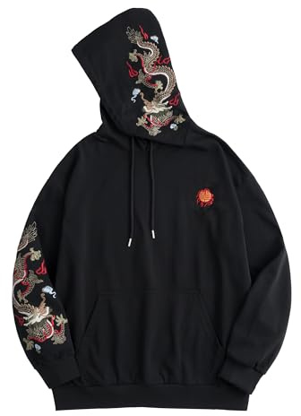 HaiZi XiHuan Streetwear herr drake broderad tungvikt grafiska huvtröjor japanska Techwear baggy anime huvtröja, Svart, M