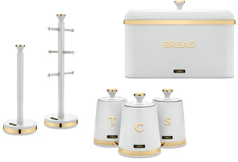 Tower Cavaletto Kitchen Storage Set of 6 with Bread Bin, Tea, Coffee & Sugar Canisters, Mug Tree & Towel Pole in Optic White with Brushed Champagne Gold Accents