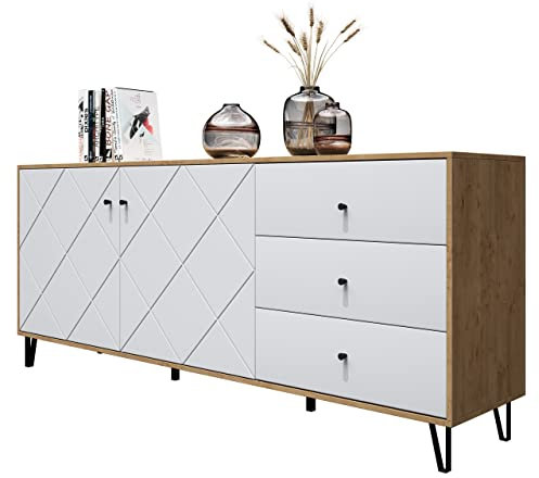 Newroom Kommode Wildeiche Weiß Matt Sideboard Skandi Modern - 183x76x40 cm (BxHxT) - Highboard Anrichte - [Amalya.one] Wohnzimmer Gästezimmer Büro