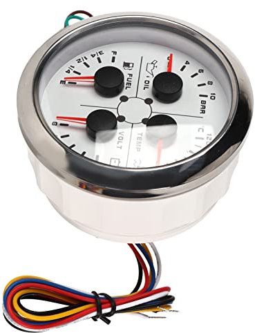 Medidor de Calibre Multifuncional 4 en 1, Universal DC 9-32V 85mm Temperatura del Agua Marina Nivel de Combustible Voltímetro de Presión de Aceite con Retroiluminación para Coche (Blanco °C/BAR)
