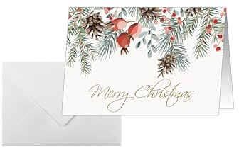 Sigel Weihnachtskarten Rote Beeren Tannenzapfen A6 quer 25 Stück | DS085, Mit Umschlägen aus nachhaltigem Papier zum Bedrucken