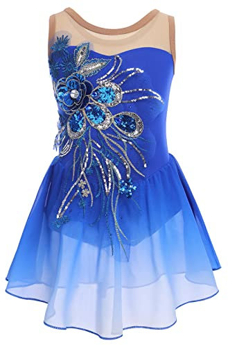 Eiskunstlauf Kleider Mädchen Kinder Ärmellos Glitzer Pailletten Blumen Turnanzug Ballett Tütü Tüllkleid Ballettkleidung Balettkleider Ballettkleid Kürkleider Tanzkleid Ballerina Kleid Blau 7-8 Jahre