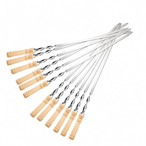IMEEA 12 Pcs Large Kebab Skewers 21.6in/55cm Flat Barbecue Skewers Stainless Steel Turkish BBQ Skewer with Wooden Handle for Grilling