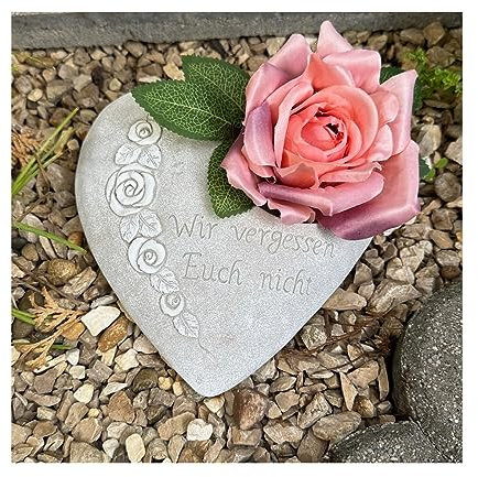 Radami Grabherz Rosenranke - Wir vergessen Euch Nicht - Grabschmuck Gedenkstein Trauerherz für Grablicht weiß 1,8 kg