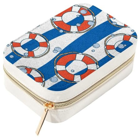 RODAILYCAY Reise-Schmuckschatulle aus Samt, Rettungsring, wasserblau-weiße Wellen, gestreift, Schmuck-Organisations-Etui, tragbare Aufbewahrung für Schmuck, Halsketten, Ringe, Ohrringe, Armbänder