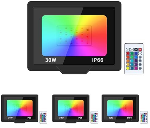 Willpower 4pcs 30W RGB LED Flood Light Outdoor Color Changing Stage Lights Indoor Floodlights Floor Lamp Party Uplight for Garden Courtyard Landscape Christmas, IP66, Remote Control, 175-265V