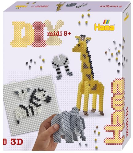 Hama Gift Box - 3D Safari | Approx. 2.500 Fuse Beads, 1 Large Square Pegboard, Printed Design Sheet, Instructions & Ironing Paper | Mosaic Decoration Arts & Craft for Creative Children Ages 5+