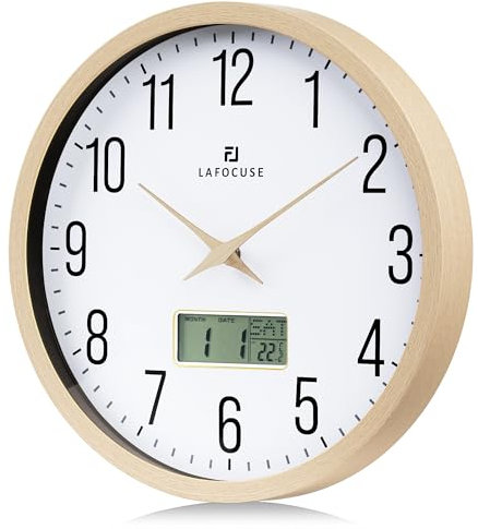 Lafocuse Orologio da Parete con Datario e Termometro LCD, Silenzioso Orologio Vintage Beige, Decorativo senza Ticchettio per Cucina Camera da Letto Soggiorno Ufficio 30cm