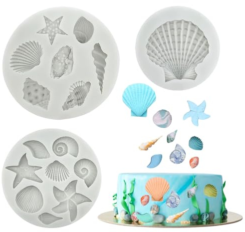 APOMOONS 3 PCS Marine Theme Cake Fondant Silicone Mold Seashell Conch Starfish Coral Baking Molds for DIY Cake Decoration Chocolate Candy Polymer Clay Crafting Projects (Grey)