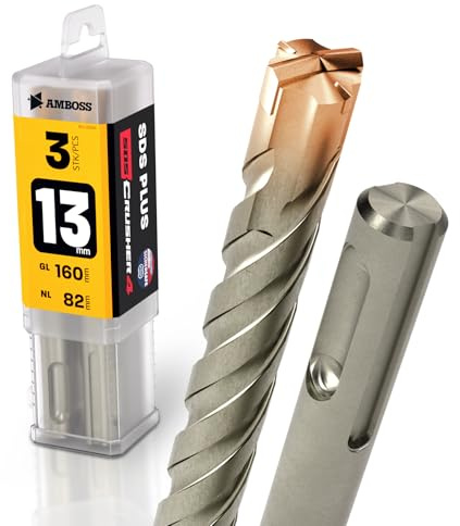 SDS Plus Hammer Drill Bit 4 x Cutting PGM Diameter 13.0 mm x 82 mm - Amboss Werkzeuge SDS Crusher 4 - HM Concrete Drill Carbide Professional Drill Bit 13.0 mm x 82 - Masonry Drill Reinforced Concrete