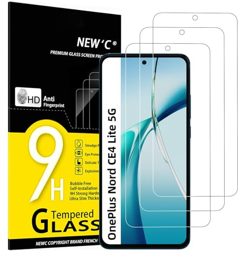 NEW'C 3 Pack, skärmskydd i glas för OnePlus Nord CE4 Lite 5G, bubbelfri, 9H hårdhet, 0,33 mm ultratransparent, ultrabeständigt härdat glas