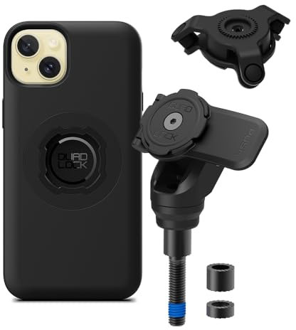 Quad Lock Motorcycle Handlebar Clamp Bolt Phone Mount PRO Kit with Vibration Dampener and iPhone 15 Plus MAG Case