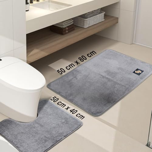 B&B Bathroom Mat Set of 2 (50 x 80 cm + 50 x 40), Soft Microfiber Bath Rugs, Non-Slip Shaggy Bath Carpet, Machine Wash Dry Bath Mats for Bathroom Floor, Tub and Shower, Grey