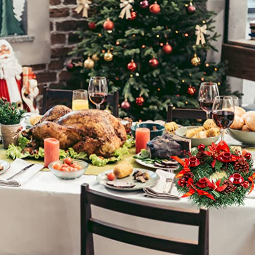Navideña de Adviento, de Abeto con Portavelas, Bonito Arreglo de Mesa para un Ambiente Festivo, Decorativa con Bolas Rojas y Cintas