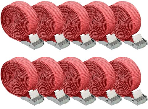 Cinghie di Tensione con Cricchetto 10 Pezzi, Cinghie di Fissaggio Regolabili 2,5cm x 2,5m Cinghia di Ancoraggio per Portabici Moto Portapacchi Auto (Rosso)
