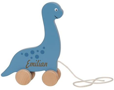 Nachziehtier aus Holz personalisierbar mit Name des Kindes Gravur Holzspielzeug Ziehtier Dinosaurier ab 12 Monaten