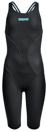 ARENA Girls' Powerskin Impulso Kneeskin Swim Racing Suit Open Back Short Leg Traje de baño de una Sola Pieza, Negro-Azulado, 26 para Niñas