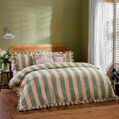 Wylder Birdie Stripe Juego De Funda Nórdica – Reversible con Volantes Algodón Rico A Rayas Ropa De Cama (Rosa/Verde - 260x220cm)
