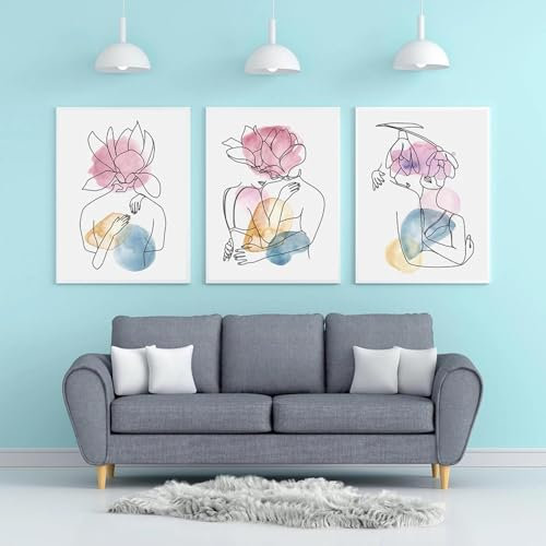 KEMEIQI Abstrakte Frau Sexy Linie Begonie Blume Wandkunst Leinwand Malerei Nordische Poster und Drucke Wandbilder für Raumdekoration 80x160cmx3 Rahmenlos