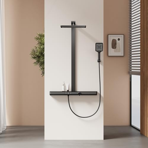 EMKE Colonne de Douche Thermostatique, Verrouillage de Sécurité, Douche Pluie avec Robinet, 3 Modes de Jets, Douche Manuelle, Système de Douche, Noir Mat, 1022x711x605mm