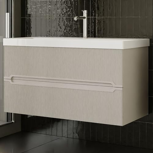 Karen Waschtisch mit Unterschrank Bella | Keramikwaschbecken | Unterschrank | Badmöbel | Aufsatzwaschbecken | Konsolenwaschtisch | Kaschmir Beige | Badezimmer | Riffel (Bella 100)