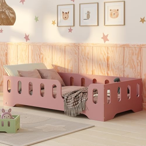 smartwood Golvsäng 70x140 Rosa - Montessori Barnsäng i trä med FSC-certifikat - TILA 2P med fallskydd och ribbotten, belastningsbar upp till 230 kg - Enkel montering