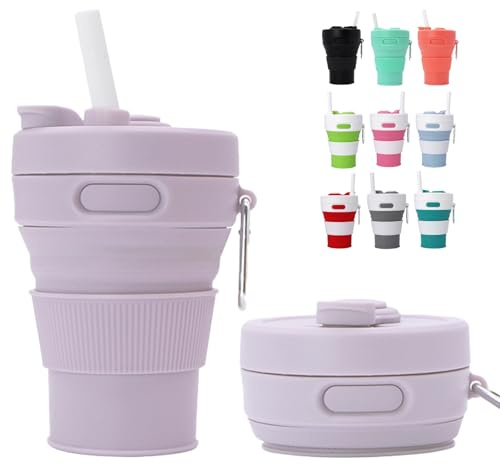 MORAINJAY 450ml Taza Plegable de Silicona Morado,Taza de Café Reutilizable Plegable para Viaje,Copa Colapsable con Tapa Anti-fugas, Incluye Porta-taza y Cuerda