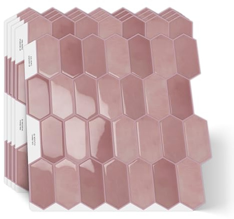 10 Stück Lange Sechseck Fliesenaufkleber Klebefliesen küchen Wandfliesen | 3D Wasserdicht Fliesen Wandverkleidung für Küche Bad,Abziehen und Aufkleben Spritzschutz(Rosa,30,5x30,5cm)