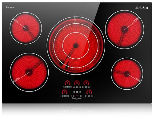 Karinear Electric Cooktop 30 Inch, Upgrade Sensor Touch 5 Burners Electric Stove Top, Built-in Ceramic Cooktop, Pause, Timer, Safety Lock, Triple Ring Expandable Burner,9000W, 220V
