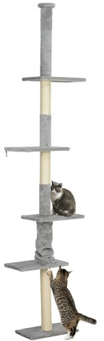 PawHut Árbol Rascador de Suelo a Techo 225-275 cm para Gatos con Múltiples Plataformas y Sistema de Antivuelco Gris Claro