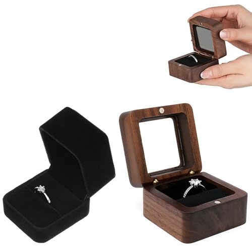 Guyode 2 Piezas Caja Anillo Compromiso, Ranura única de Anillos de Madera + Caja de Gamuza para Anillos, Cuadrada Estuche Alianzas Retro Porta Alianzas, Para Propuesta, Compromiso (A)