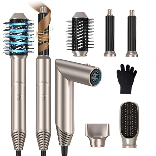 5 in 1 Airstyler Warmluftbürste Föhn Rundbürstenföhn 60,000RPM Haartrockner Haarstyler Multistyler Heißluft Hairstyler 1000W Hair Dryer Haarstyling Stylingbürsten Set, Gold