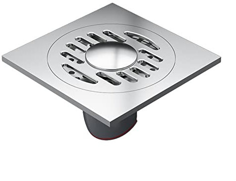 FOELANNE stainless steel shower drain 4Inch Square Shower with Removable Cover Grid Grate, Brass Shower Drain, Drain Shower, Floor Waste Drain Point Center with Hair Strainer Basement(Chrome)