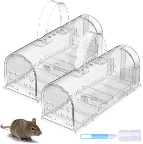 2Pcs Trampa para Ratones con Cepillo de Limpieza Trampas Ratas para Interiores Sin Matar Ratonera Rata Viva Reutilizable con Orificio de Aire Sin Mecanismo de Liberación Táctil (Transparente)
